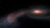 This artist’s conception shows the stream of gas and stars that were flung away from a massive galaxy during its merger with a smaller galaxy. Image credit: ALMA / ESO / NAOJ / NRAO / S. Dagnello, NRAO, AUI & NSF.