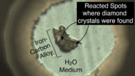 The iron-carbon alloy reacted with water at high pressure and high temperature conditions related to the Earth’s deep mantle in a diamond-anvil cell. Image credit: Ko et al., doi: 10.1029/2022GL098271.