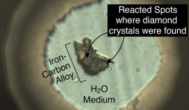 The iron-carbon alloy reacted with water at high pressure and high temperature conditions related to the Earth’s deep mantle in a diamond-anvil cell. Image credit: Ko et al., doi: 10.1029/2022GL098271.