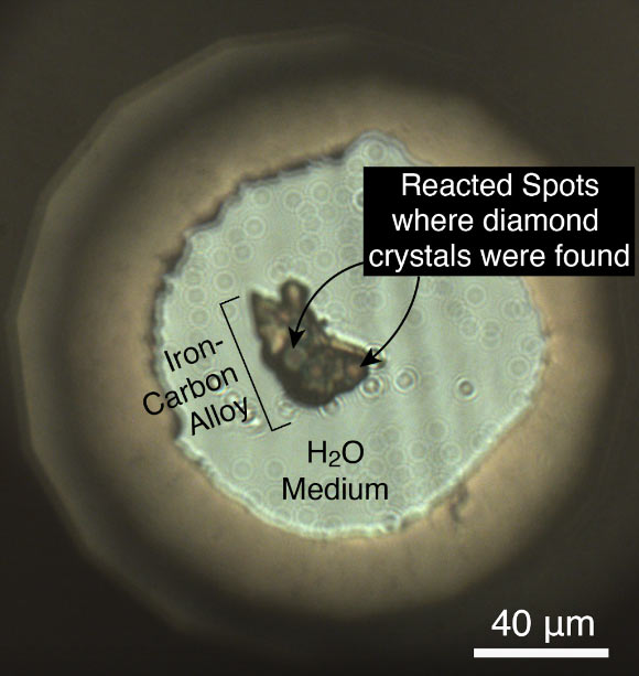 The iron-carbon alloy reacted with water at high pressure and high temperature conditions related to the Earth’s deep mantle in a diamond-anvil cell. Image credit: Ko et al., doi: 10.1029/2022GL098271.