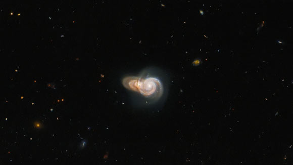 This Hubble image shows two overlapping spiral galaxies: LEDA 2073461 and SDSS J115331.86+360024.2. Image credit: NASA / ESA / Hubble / W. Keel.