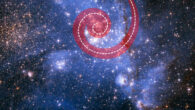 The unusual shape of the open cluster NGC 346 is partly due to stars and gas spiraling into the center of the cluster in a river-like motion; the red spiral superimposed on NGC 346 traces the movement of stars and gas toward the center; this spiraling motion is the most efficient way to feed star formation from the outside toward the center of the cluster. Image credit: NASA / ESA / Andi James, STScI.