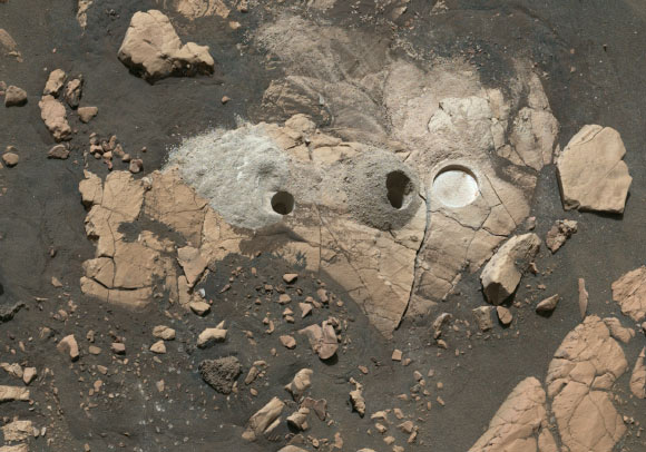 This image shows a rocky outcrop called Wildcat Ridge, where NASA’s Perseverance rover extracted two rock cores and abraded a circular patch to investigate the rock’s composition. Image credit: NASA / JPL-Caltech / ASU / MSSS.