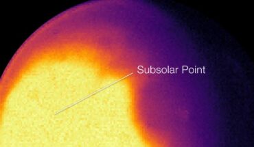 This image of Mars, captured by Webb’s NIRCam instrument on September 5, 2022, shows 4.3-micron (F430M filter) emitted light that reveals temperature differences with latitude and time of day, as well as darkening of the Hellas Basin caused by atmospheric effects; the bright yellow area is just at the saturation limit of the detector. Image credit: NASA / ESA / CSA / STScI / Mars JWST / GTO Team.