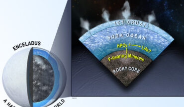 Phosphorus in the form of orthophosphate (e.g., HPO4-2) is likely abundant in the subsurface ocean of Saturn’s moon Enceladus; a soda or alkaline ocean (containing NaHCO3 and/or Na2CO3) inside of Enceladus interacts geochemically with a rocky core; modeling indicates that this interaction promotes the dissolution of phosphate minerals, making orthophosphate readily available to possible life in the ocean; because phosphorus is an essential ingredient for life, this finding bolsters mounting evidence for habitability within this small Saturnian moon. Image credit: Southwest Research Institute.