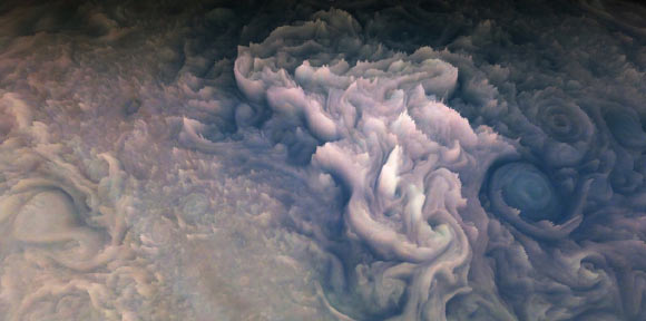 This image shows ‘frosted cupcake’ clouds in the atmosphere of Jupiter. The image was taken at a nominal altitude of 13,536.3 km above Jupiter’s cloud tops. image credit: NASA / JPL-Caltech / SwRI / MSSS / Gerald Eichstädt.