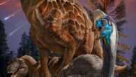 An artist’s depiction of a Late Cretaceous oviraptorosaur, a hadrosaur, and a tyrannosaur in central China. Image credit: Institute of Vertebrate Paleontology and Paleoanthropology, Chinese Academy of Sciences.