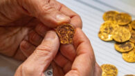 A gold solidus coin found by IAA archaeologists in Israel. Image credit: Dafna Gazit, Israel Antiquities Authority.