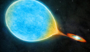 An artist’s illustration shows a white dwarf (right) circling a larger, Sun-like star (left) in an ultra-short orbit, forming a cataclysmic binary system. Image credit M. Weiss / Harvard & Smithsonian’s Center for Astrophysics.