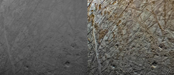This pair of images shows the same portion of Europa before and after it was processed. The original (minimally processed) image, left, was captured by JunoCam during Juno’s close flyby on September 29, 2022. Citizen scientist Navaneeth Krishnan reprocessed the image to produce the version on the right. The enhanced color contrast causes larger surface features to stand out more. An example of the results can be seen in the lower right of this image, where the pits and a small rectangular block (reflecting more light than surrounding features) cast notable shadows. Small-scale texturing of the surface in the image needs to be carefully studied to distinguish between features and artifacts from processing, but the image serves both art and science by drawing us deeper into Europa’s alien landscape. Image credit: NASA / JPL-Caltech / SwRI / MSSS / Navaneeth Krishnan S. / CC BY.