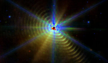 This Webb/MIRI image shows the binary system WR 140; eight symmetric diffraction spikes are seen around the saturated core of WR 140 that exhibit bluer colors than the dust emission. Image credit: Lau et al., doi: 10.1038/s41550-022-01812-x.