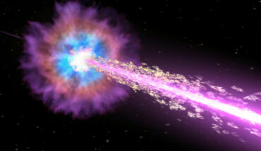 Astronomers think GRB 221009A represents the birth of a new black hole formed within the heart of a collapsing star. In this illustration, the black hole drives powerful jets of particles traveling near the speed of light. The jets pierce through the star, emitting X-rays and gamma rays as they stream into space. Image credit: NASA / Swift / Cruz deWilde.