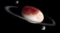 An artist’s conception of Haumea, its moons Hi’iaka and Namaka, and its ring system; the moons are much more distant than depicted here. Image credit: Pablo Carlos Budassi.
