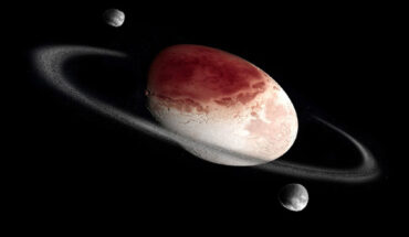 An artist’s conception of Haumea, its moons Hi’iaka and Namaka, and its ring system; the moons are much more distant than depicted here. Image credit: Pablo Carlos Budassi.