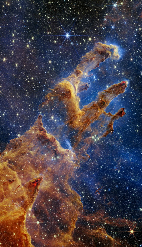 This image from Webb’s Near-Infrared Camera shows the Pillars of Creation. Image credit: NASA / ESA / CSA / STScI / Joseph DePasquale, STScI / Anton M. Koekemoer, STScI / Alyssa Pagan, STScI.
