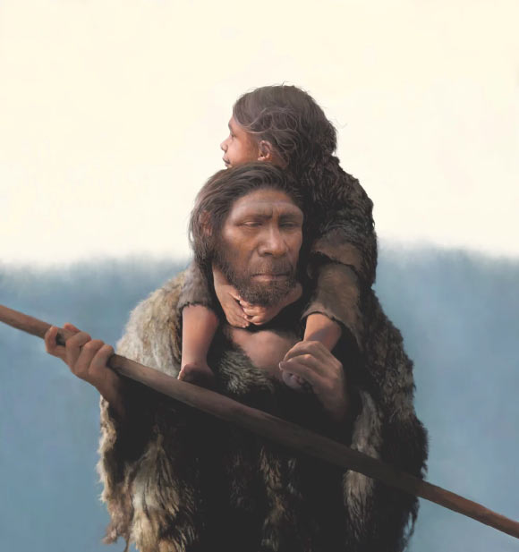A Neanderthal father and his daughter. Image credit: Tom Bjorklund.