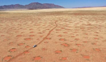 Drone image of car driving through the NamibRand Nature Reserve, one of the fairy-circle regions in Namibia where Getzin et al. undertook grass excavations, soil-moisture and infiltration measurements. Image credit: Stephan Getzin.