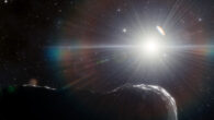 An artist’s impression of an asteroid that orbits closer to the Sun than Earth’s orbit. Image credit: DOE / FNAL / DECam / CTIO / NOIRLab / NSF / AURA / J. da Silva / Spaceengine.