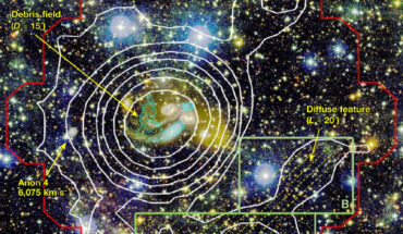 Contour map of the integrated atomic hydrogen emission in the vicinity of Stephan’s Quintet overlaid on the composite color image. Image credit: NASA / ESA / CSA / STScI.
