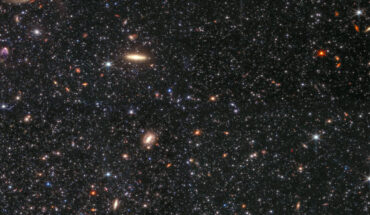 This image, taken by the Near-Infrared Camera aboard the NASA/ESA/CSA James Webb Space Telescope, displays countless stars in the dwarf irregular galaxy Wolf-Lundmark-Melotte as well as dozens of background galaxies. The image includes 0.9-micron light shown in blue, 1.5-micron in cyan, 2.5-micron in yellow, and 4.3-micron in red. Image credit: NASA / ESA / CSA / STScI / K. McQuinn, Rutgers University / A. Pagan, STScI.