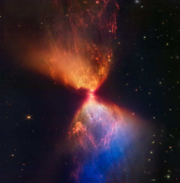 The protostar IRAS 04368+2557, shown in this Webb image, is embedded within LDN 1527, a cloud of material that is feeding its growth. Image credit: NASA / ESA / CSA / STScI / J. DePasquale, STScI.