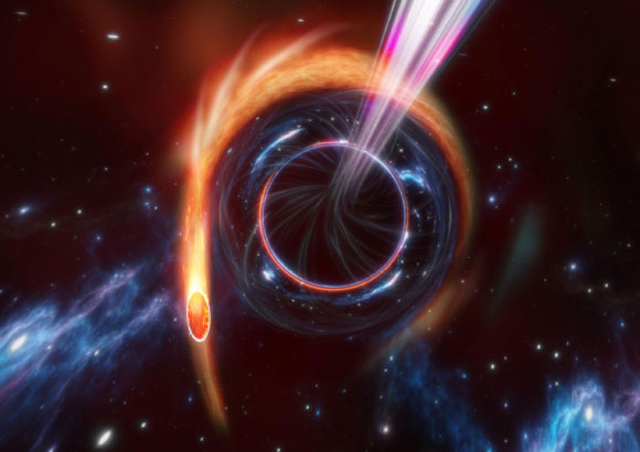 An artist’s impression of a tidal disruption event. Image credit: Carl Knox / OzGrav, ARC Centre of Excellence for Gravitational Wave Discovery, Swinburne University of Technology.