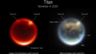 These images of Saturn’s moon Titan were captured by Webb’s NIRCam instrument on November 4, 2022. Left: image using F212N, a 2.12-micron filter sensitive to Titan’s lower atmosphere; the bright spots are prominent clouds in the northern hemisphere. Right: color composite image using a combination of NIRCam filters; several prominent surface features are labeled: Kraken Mare is thought to be a methane sea; Belet is composed of dark-colored sand dunes; Adiri is a bright albedo feature. Image credit: NASA / ESA / CSA / A. Pagan, STScI / Webb Titan GTO Team.
