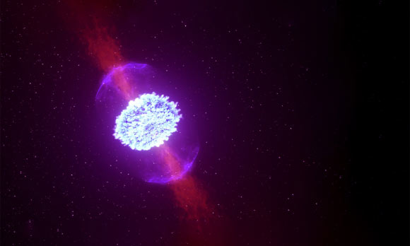 When neutron stars merge, they can produce radioactive ejecta that powers a kilonova signal, as this conceptual image shows. Image credit: Dreamstime.