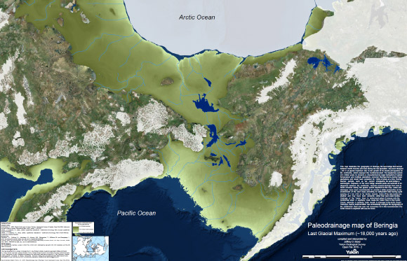 This map illustrates the geography of Beringia, the land bridge that formed between North America and Asia during the last glaciation. Humans crossed Beringia from Asia to North America during the glacial period depicted on this map. Lakes and drainages have been reconstructed to provide a better perspective on the environment of the land mass according to bathymetric data having a grid spacing of 1 km (100 m for Norton Sound). Some of the lake basins are shallow and may have been wetlands rather than open water bodies. Image credit: J.D. Bond / Yukon Geological Survey / Government of Yukon.
