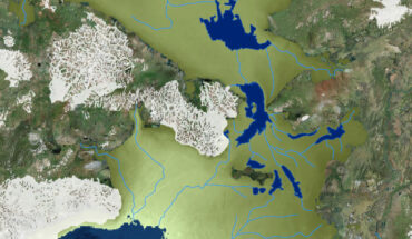 This map illustrates the geography of Beringia, the land bridge that formed between North America and Asia during the last glaciation. Humans crossed Beringia from Asia to North America during the glacial period depicted on this map. Lakes and drainages have been reconstructed to provide a better perspective on the environment of the land mass according to bathymetric data having a grid spacing of 1 km (100 m for Norton Sound). Some of the lake basins are shallow and may have been wetlands rather than open water bodies. Image credit: J.D. Bond / Yukon Geological Survey / Government of Yukon.