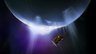 An artist’s impression of NASA’s Cassini spacecraft flying through plumes erupting from the south pole of Enceladus; these plumes are much like geysers and expel a combination of water vapor, ice grains, salts, methane and other organic molecules. Image credit: NASA / JPL-Caltech.