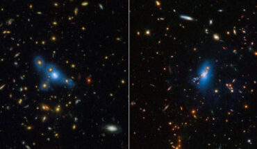 These Hubble images show two massive galaxy clusters: MOO J1014+0038 (left) and SPT-CL J2106-5844 (right). The artificially added blue color is translated from Hubble data that captured a phenomenon called intracluster light. This extremely faint glow traces a smooth distribution of light from wandering stars scattered across the cluster. Billions of years ago the stars were shed from their parent galaxies and now drift through intergalactic space. Image credit: NASA / ESA / STScI / James Jee, Yonsei University / Joseph DePasquale, STScI.
