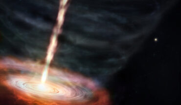 This artist’s conception shows a zoomed in view of MWC 349A and its surrounding disk of gas and dust that are being shaped by the winds and high-speed jet. Image credit: ALMA / ESO / NAOJ / NRAO / M. Weiss, NRAO, AUI & NSF.