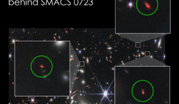 A trio of faint galaxies (circled) captured in the Webb’s deep image of the galaxy cluster SMACS J0723.3-7327 exhibit properties remarkably similar to rare, small galaxies called green peas found much closer to home. Image credit: NASA / ESA / CSA / STScI.