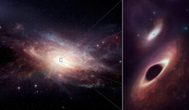 This artist’s conception shows the galaxy merger and its two central black holes. Image credit: ALMA / ESO / NAOJ / NRAO / M. Weiss, NRAO, AUI & NSF.