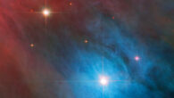 This Hubble image shows two stars: the Orion variable star V 372 Orionis and the emission-line star BD-05 1307. Image credit: NASA / ESA / Hubble / J. Bally / M. Robberto.