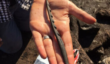 A barbed antler point found at the Mesolithic site near Scarborough in North Yorkshire, Britain. Image credit: University of Chester / University of Manchester.