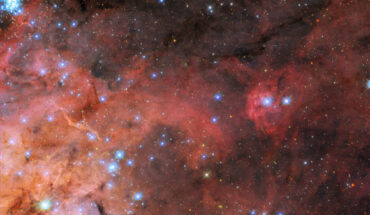 This new Hubble image shows part of the Tarantula Nebula, which is located about 163,000 light-years away in the southern constellation of Dorado: wispy, nebulous clouds extend from the lower-left of the image; at the top and right the dark background of space can be seen through the sparse nebula; along the left and in the corner are many layers of brightly-colored gas and dark, obscuring dust; a cluster of small, bright blue stars in the same corner expands out across the image. Image credit: NASA / ESA / Hubble / C. Murray / E. Sabbi / Y.-H. Chu.