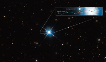 This image shows how microlensing was used to measure the mass of the white dwarf LAWD 37. The inset box plots how the dwarf passed in front of a background star in 2019. The wavy blue line traces the dwarf’s apparent motion across the sky as seen from Earth. Image credit: NASA / ESA / Peter McGill, UC Santa Cruz, IoA / Kailash Sahu, STScI / Joseph DePasquale, STScI.
