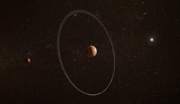 An artist’s impression of the dwarf planet Quaoar and its ring. Quaoar’s moon Weywot is shown on the left. Image credit: ESA / CC BY-SA 3.0 IGO.