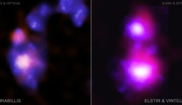 Two dwarf-dwarf galaxy mergers in galaxy clusters Abell 133 (left) and Abell 1758S (right) are shown in X-rays from Chandra and optical light from the Canada-France-Hawaii telescope. The merger on the left is in a late stage and was given the single name of Mirabilis. The other merger is in the early stages and the two dwarf galaxies are named Elstir (bottom) and Vinteuil (top). Image credit: NASA / CXC / University of Alabama / Micic et al. / International Gemini Observatory / NOIRLab / NSF / AURA.