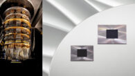 Left: a fully assembled quantum system at Google Quantum AI; prominently displayed is the dilution refrigerator in which the computations occur, the quantum processor and quantum-limited amplifiers installed at the bottom stage of the refrigerator, various cables connecting bottom to top, and control electronics of quantum computer in the back. Right: two generations of Sycamore processors fabricated by Google Quantum AI; each processor features two chips that are bonded together: a chip containing the quantum bits (qubits), and a chip containing the wiring between the qubits and the outside world; the latest generation of the Sycamore processor on the right is notably larger than previous generations, but also has several modifications to the qubits resulting in improved performance. Image credit: Google Quantum AI.