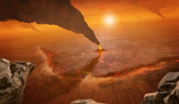 An artist’s concept of active volcanoes on Venus, depicting a subduction zone where the foreground crust plunges into the planet’s interior at the topographic trench. Image credit: NASA / JPL-Caltech / Peter Rubin.