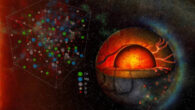 An illustration of Earth as it existed during part of its formation billions of years ago, when an ocean of magma covered its surface and stretched thousands of km deep into the core; a typical cell from a simulation conducted by Bajgain et al. with the relative positions of atoms are shown in the left. Image credit: Suraj Bajgain / Lake Superior State University.