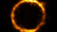 SPT0418-47 is gravitationally lensed by a foreground galaxy, appearing in the sky as a near-perfect ring of light -- a so-called Einstein ring. Image credit: ALMA / ESO / NAOJ / NRAO / Rizzo et al.