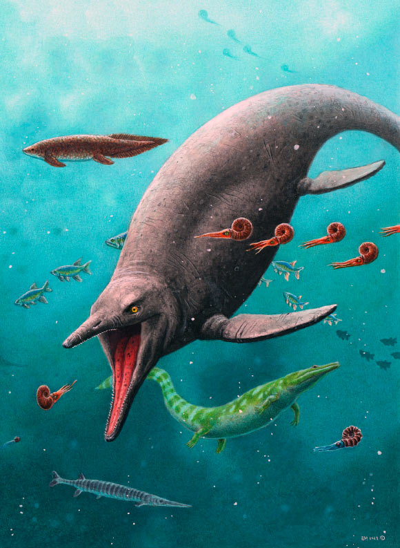 Reconstruction of the earliest ichthyosaur and the 250-million-year-old ecosystem found on Spitsbergen. Image credit: Esther van Hulsen.