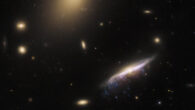 This Hubble image shows the jellyfish galaxy JW100 (seen edge-on in the lower right). Image credit: NASA / ESA / Hubble / M. Gullieuszik / GASP Team.