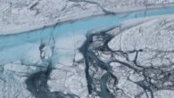 A large stream of meltwater (about 5 to 10 m in width) emerges from an upstream supraglacial lake in the Greenlandic ice on July, 21 2012. The darker shapes are minor streams covered by cryoconite (a mix of dust particles, soot, meteorite dust and organic material) which covers the ice sheet. Cracks cutting through the streams are visible. Along these cracks water can flow through, enlarging them and, eventually, generating moulins that can deliver meltwater through the ice. Image credit: M. Tedesco / CCNY / NASA ICE.