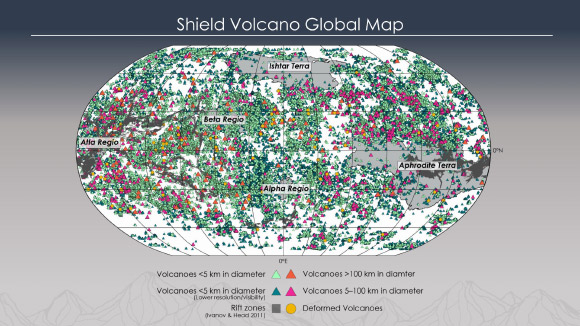 This map shows shield volcanoes on Venus. Image credit: Rebecca Hahn, Washington University in St. Louis.