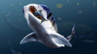 Reconstruction of Maghriboselache mohamezanei in its habitat. Thylacocephalans, cephalopods with orthoconic conchs, placoderms such as Dunkleosteus and osteichthyans populated the water column during the middle Famennian in the Anti-Atlas of Morocco. Image credit: Klug et al., doi: 10.1186/s13358-023-00266-6.